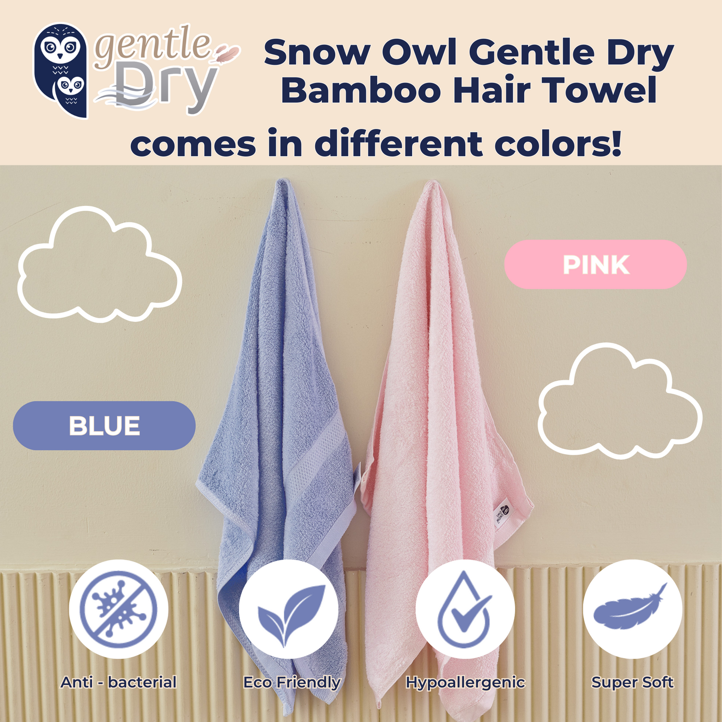 Snow Owl Gentle Dry Bamboo Hair Towel - Pink