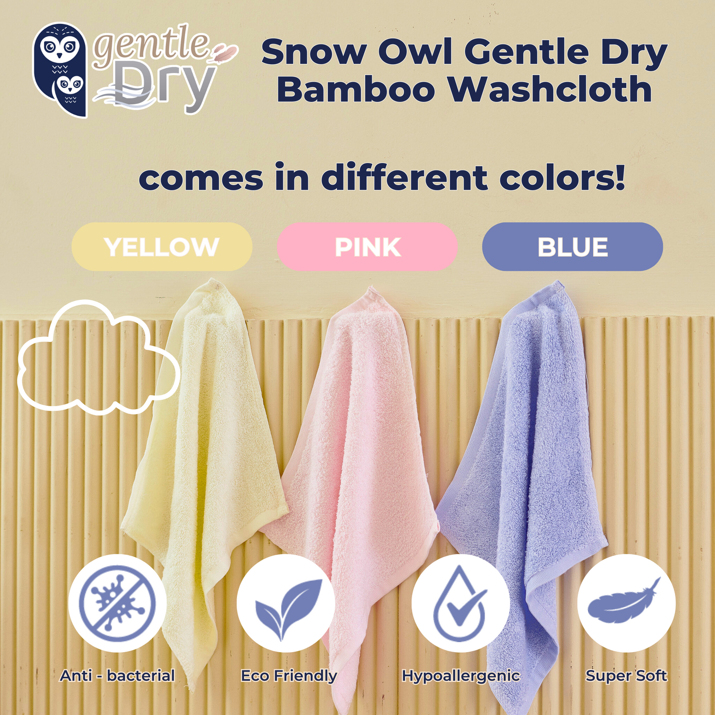 Snow Owl Gentle Dry Bamboo Washcloth - Blue (Pack of 3)