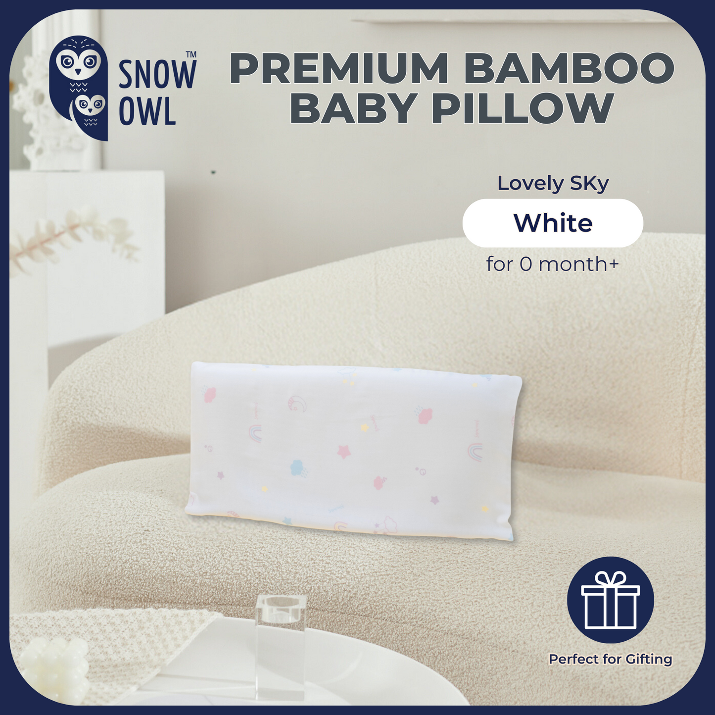 Snow Owl Bamboo Baby Pillow - Lovely Sky White