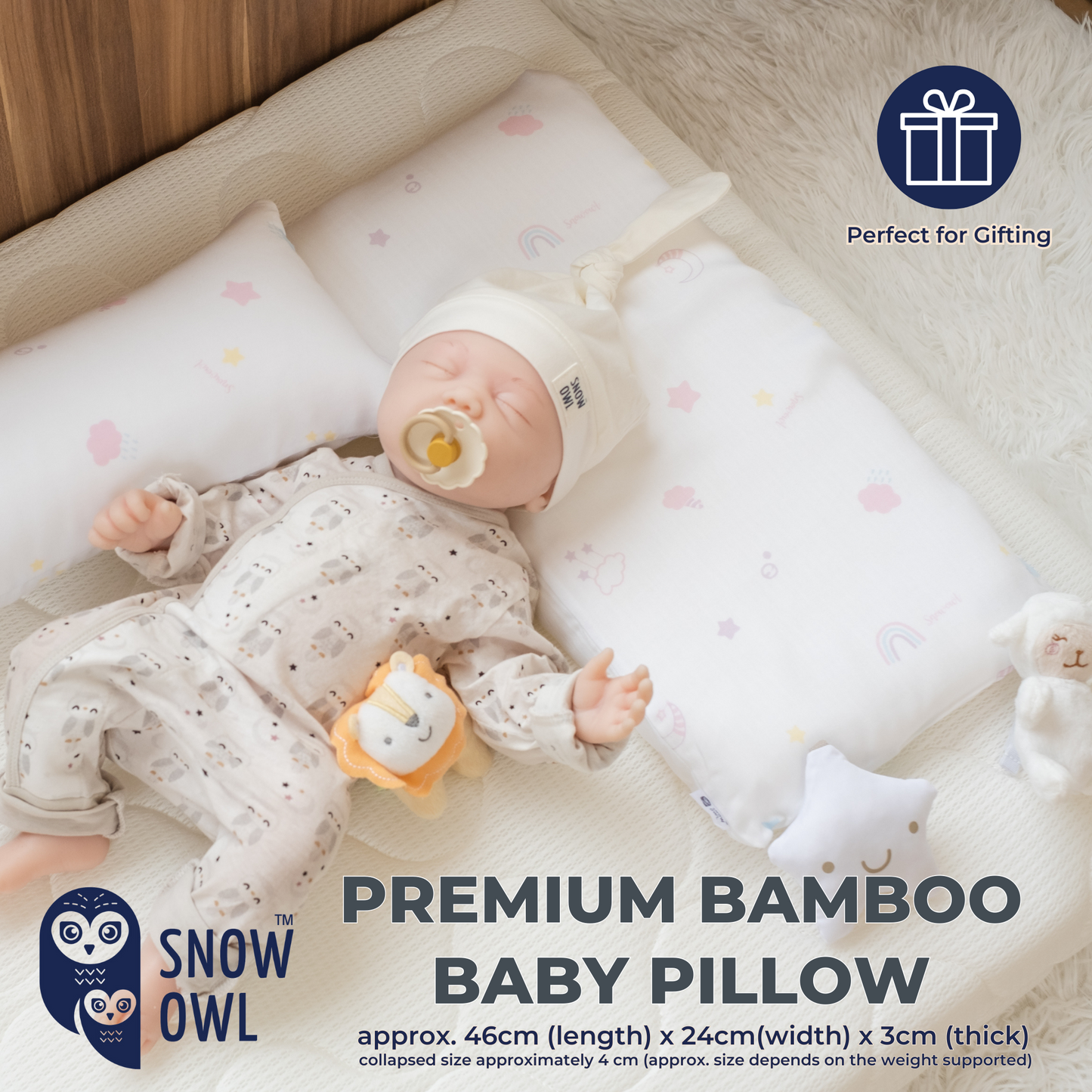 Snow Owl Bamboo Baby Pillow - Lovely Sky White