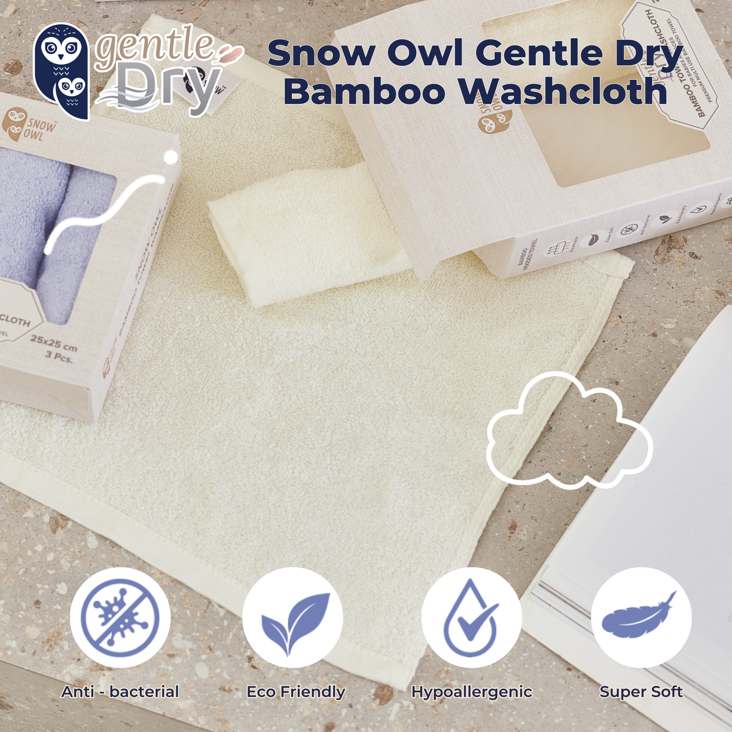 Snow Owl Gentle Dry Bamboo Washcloth - White (Pack of 3)